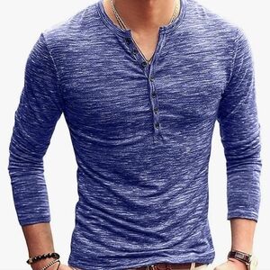 KUYIGO Henley Long Sleeve 7-Button Placket Lightweight T-Shirt Blue 2XL